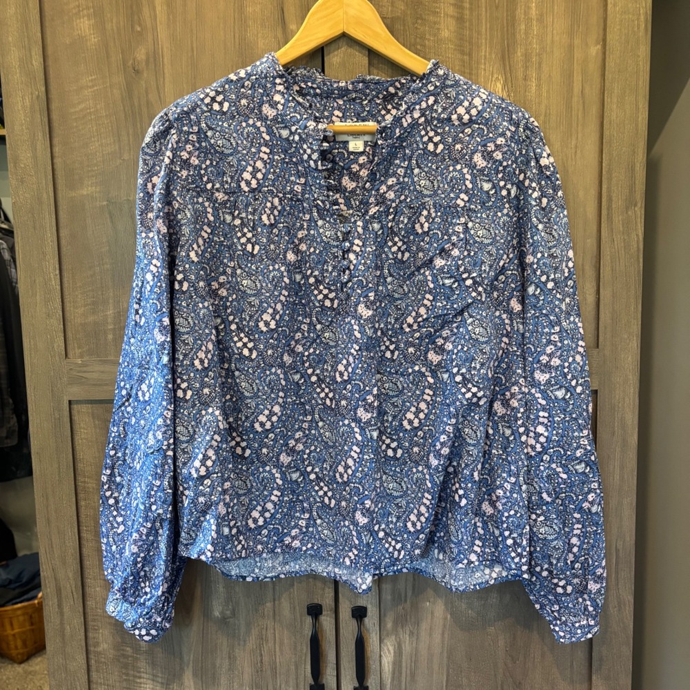 J.Crew Liberty Fabric Floral Paisley Ruffle Neck Henley Cotton Blouse Blue Large
